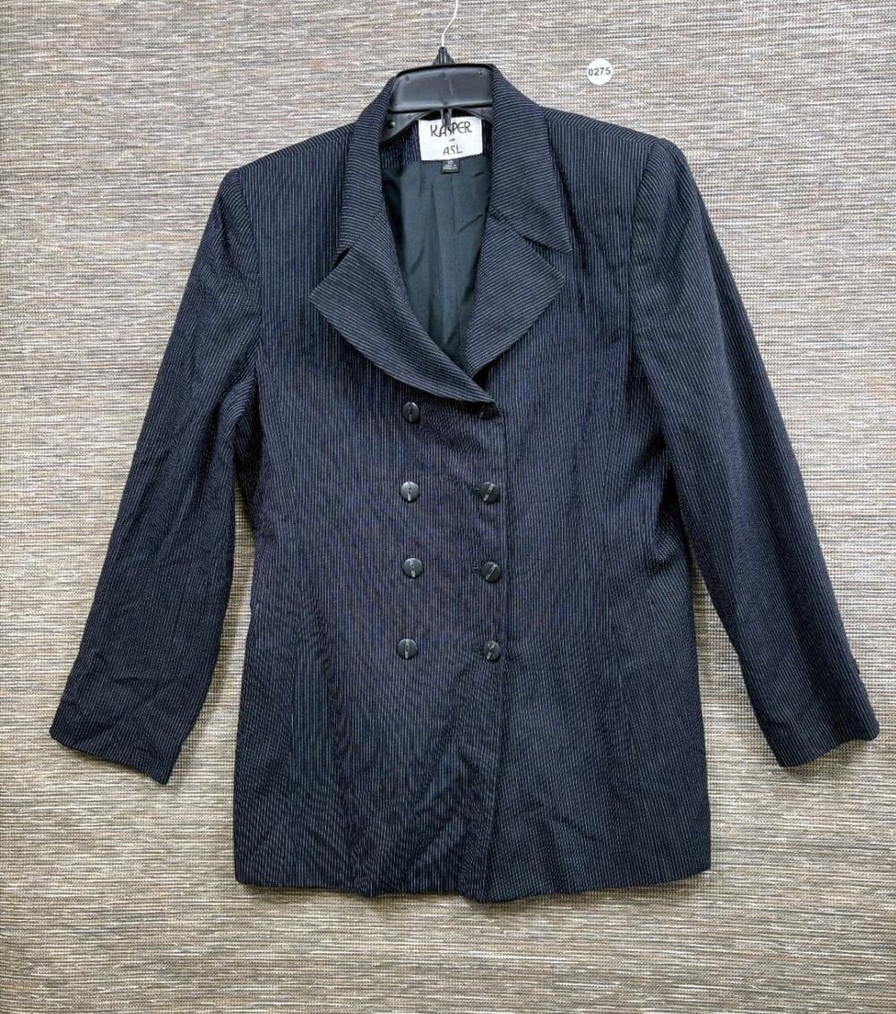 Kasper For ASL Blazer Jacket Double Breasted Button Size 10 Navy Blue Pinstripe